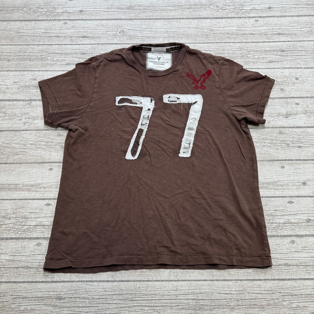 Y2K American Eagle T-Shirt Men's Large Brown Vintage Fit Short Sleeve Distressed